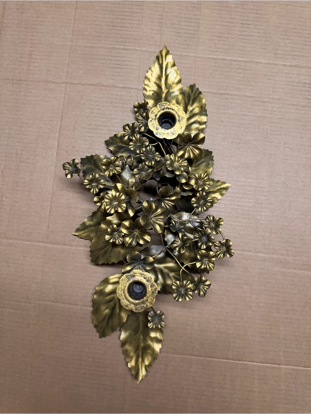 VTG Italian Gold Gilt Metal Flower Leaf Taper Candle Holder Centerpiece